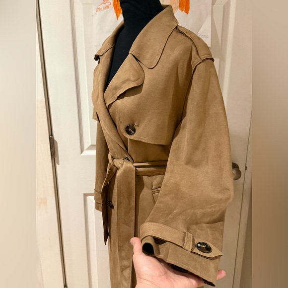 New Truth By Republic Elegant Tan Faux Suede Trench Coat Women's Size Medium - Picture 5 of 16